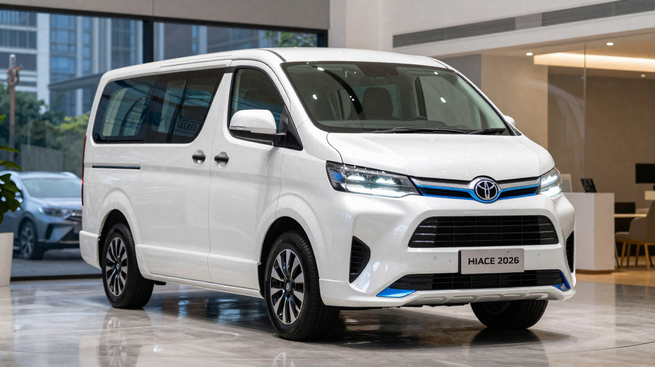 Toyota Hiace 2026 blanche garée dans un showroom moderne avec vitrages et mobilier contemporain.