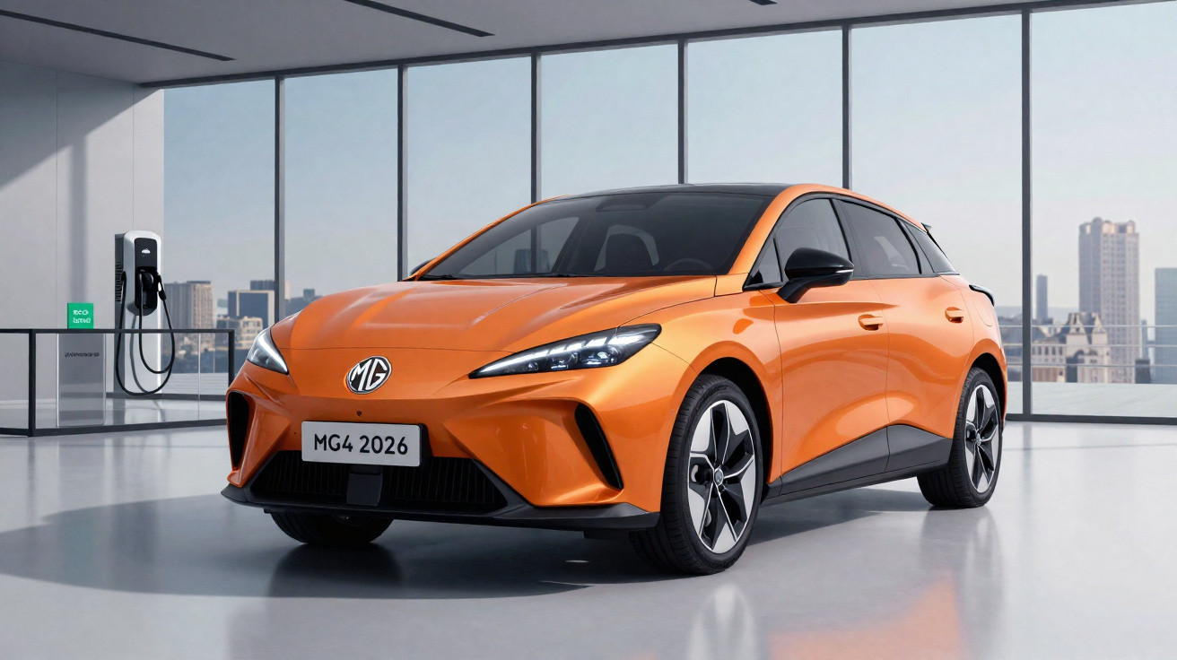 Voiture électrique orange MG4 2026 garée dans un showroom moderne avec une borne de recharge visible.