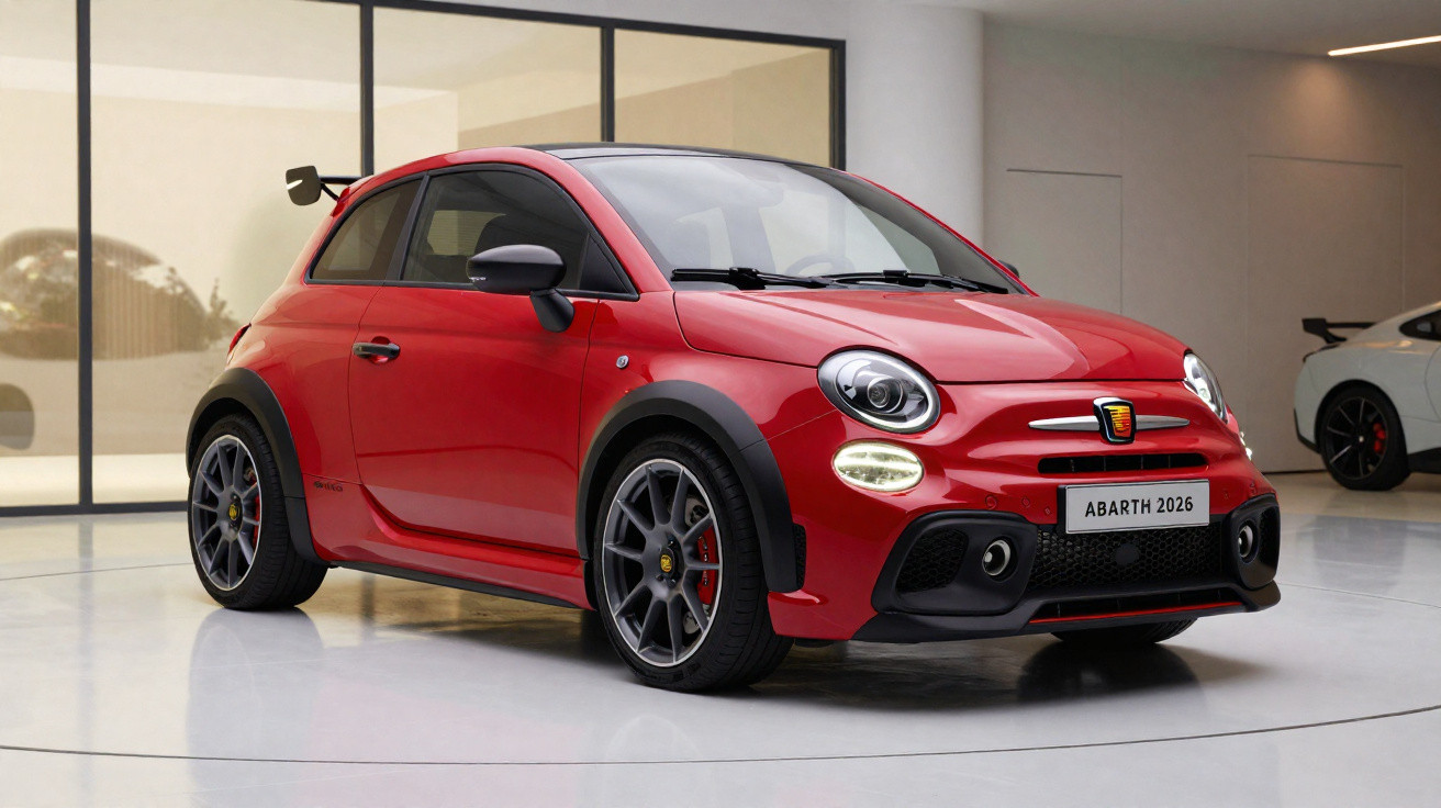 Voiture sportive compacte Abarth rouge 2026 stationnée dans un showroom moderne lumineux.