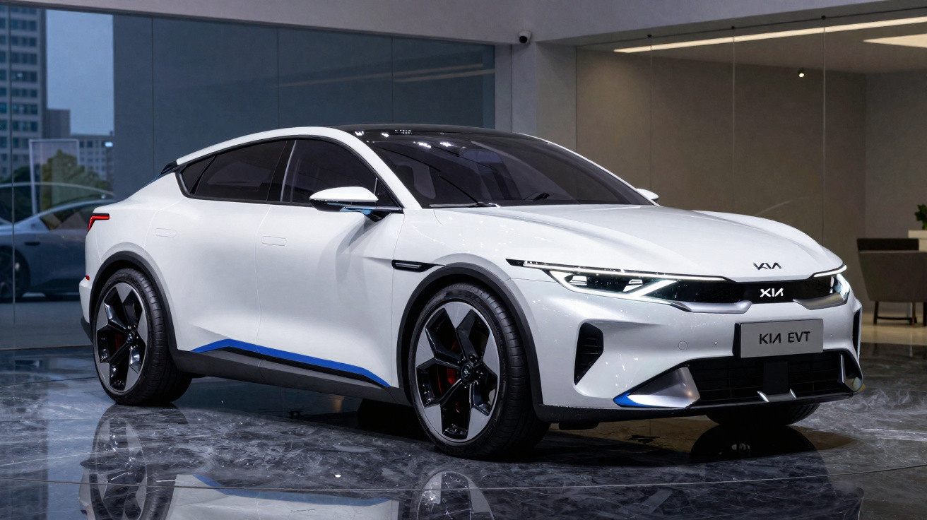 Voiture électrique blanche Kia EVT exposée dans un showroom moderne avec sol réfléchissant et murs clairs.