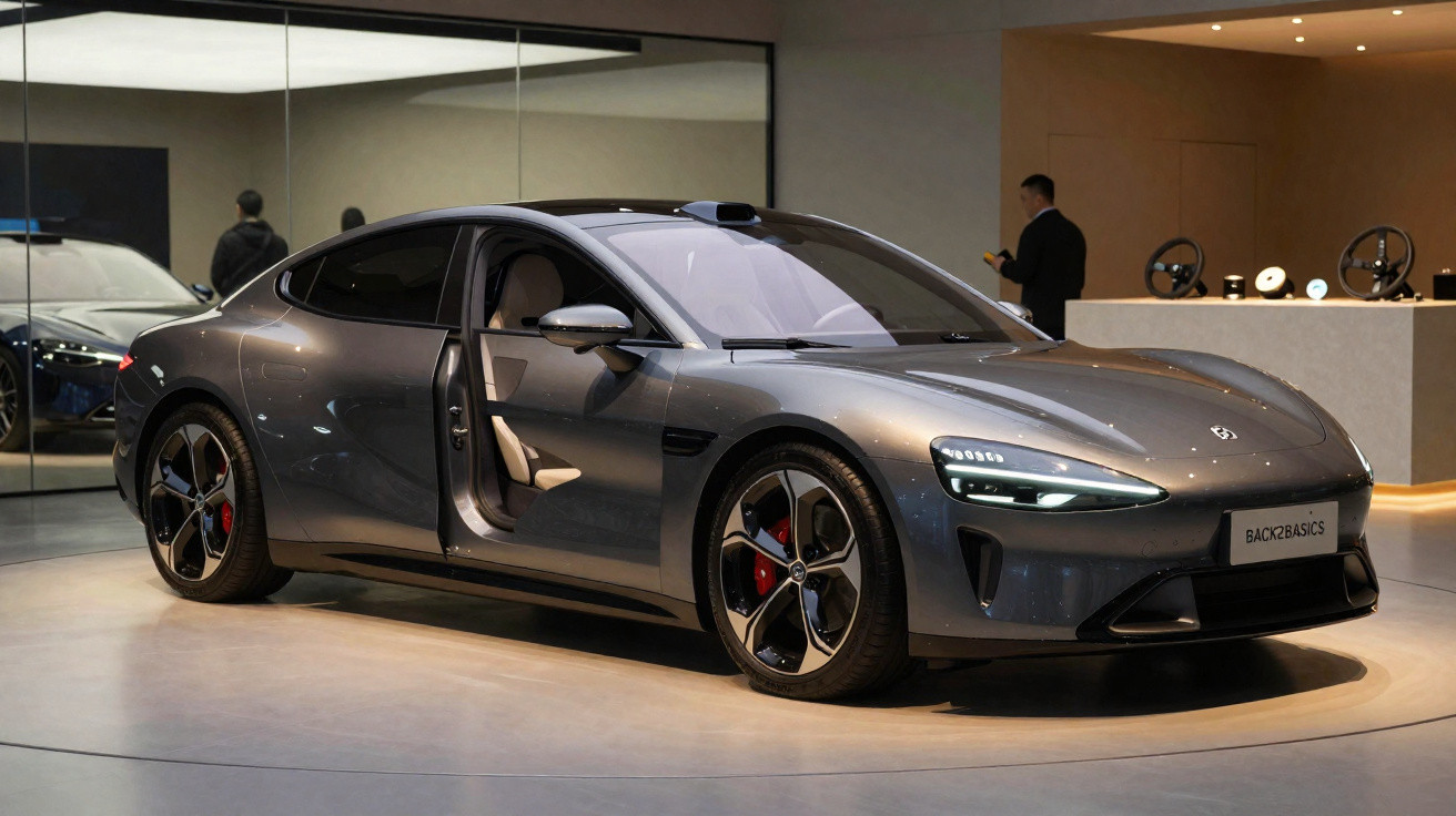 Voiture électrique grise avec porte avant ouverte exposée dans une salle d'exposition moderne.