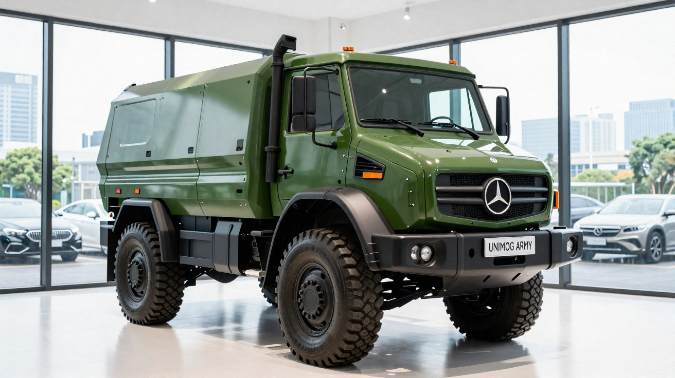 Camion militaire Mercedes Unimog vert exposé dans un showroom avec grandes fenêtres et voitures en arrière-plan.