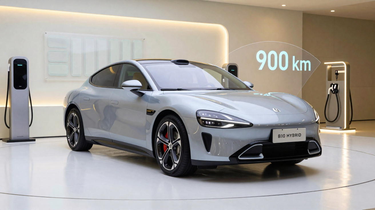 Voiture hybride B10 grise en exposition avec indication d'autonomie de 900 km et bornes de recharge électriques.