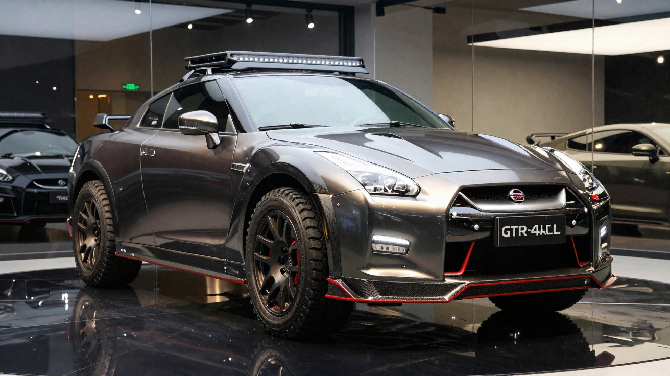 Voiture de sport grise Nissan GT-R modifiée avec pneus tout-terrain exposée en intérieur moderne.