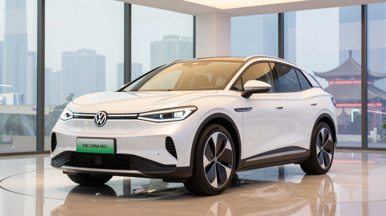 Voiture électrique Volkswagen blanche exposée dans un showroom moderne avec grandes baies vitrées.