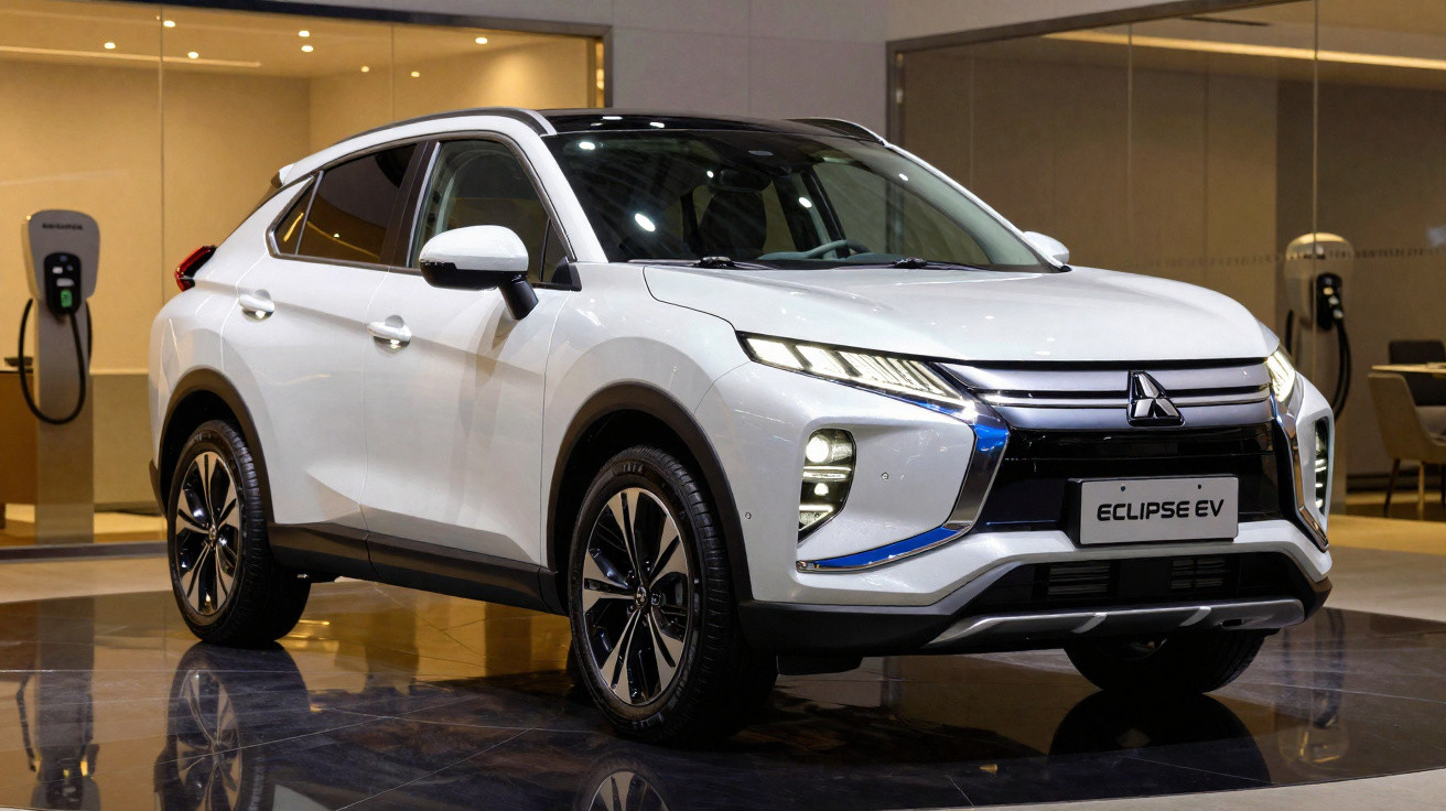 Véhicule électrique Mitsubishi Eclipse EV blanc exposé en intérieur avec bornes de recharge en arrière-plan.