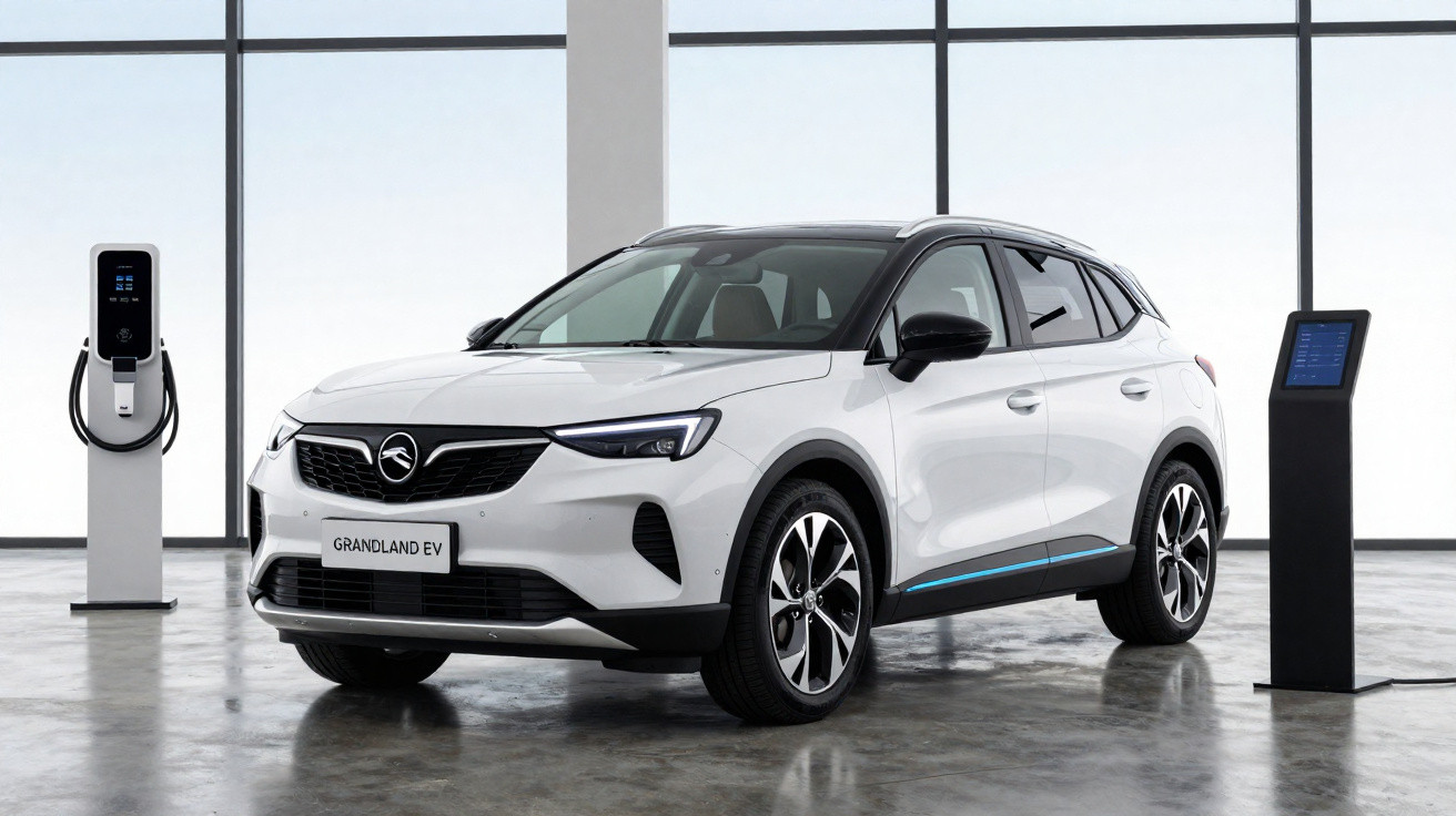 Voiture électrique blanche Opel Grandland EV stationnée à côté d'une borne de recharge dans un espace moderne.