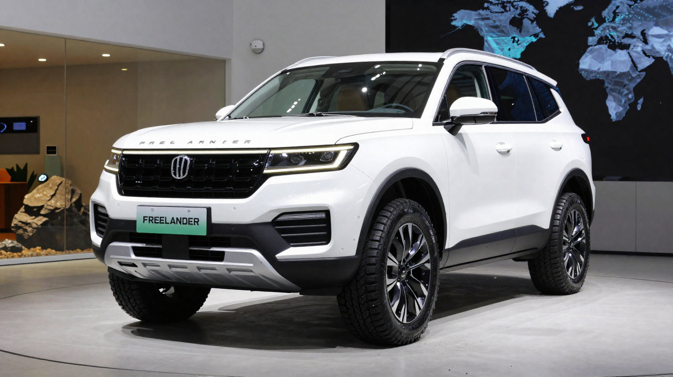 SUV blanc moderne Freelander exposé sur un stand intérieur avec carte du monde en arrière-plan.