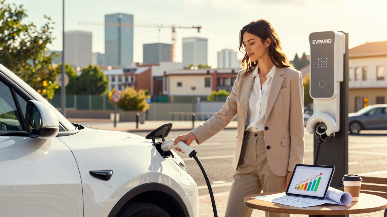Femme rechargeant une voiture électrique près d’une borne avec un ordinateur affichant un graphique.