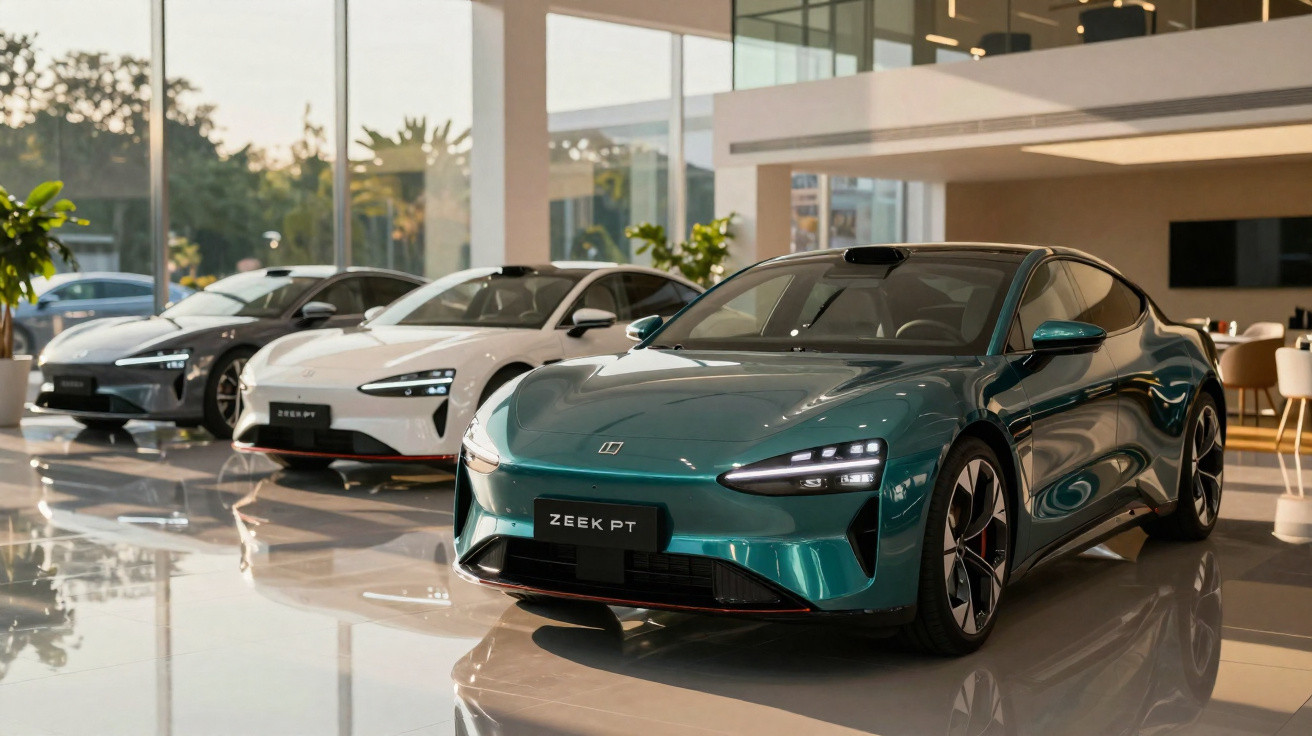 Trois voitures électriques modernes Zeekr PT exposées dans un showroom lumineux au design épuré.