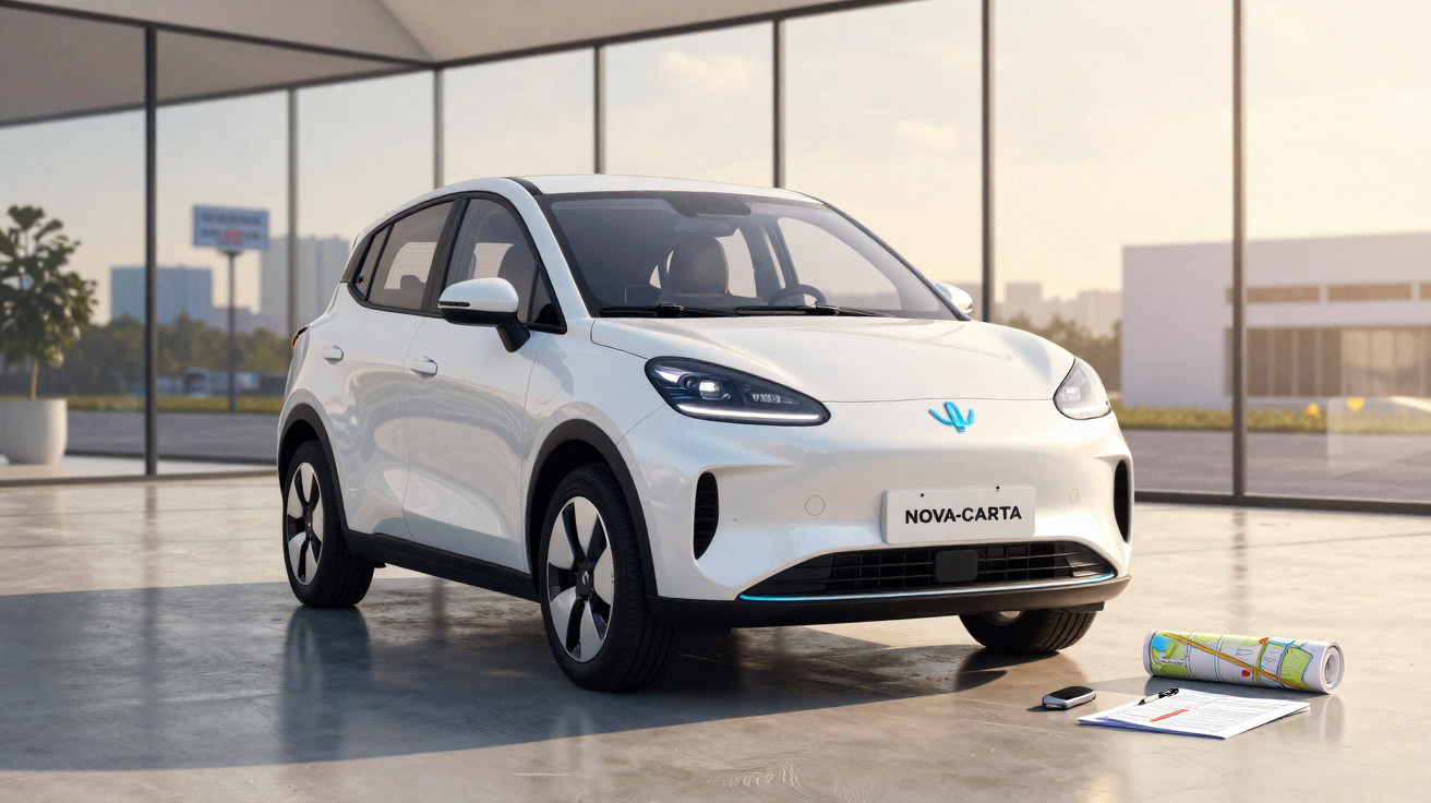 Voiture compacte électrique blanche NOVA-CARTA dans un showroom moderne avec plans et clés au sol.