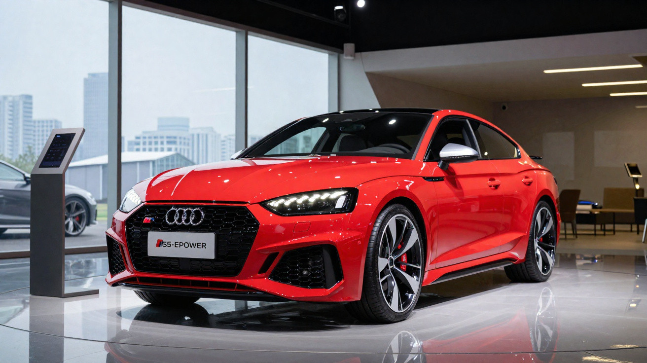 Audi S5 e-power rouge brillante exposée dans un showroom moderne avec grandes vitres et sol réfléchissant.