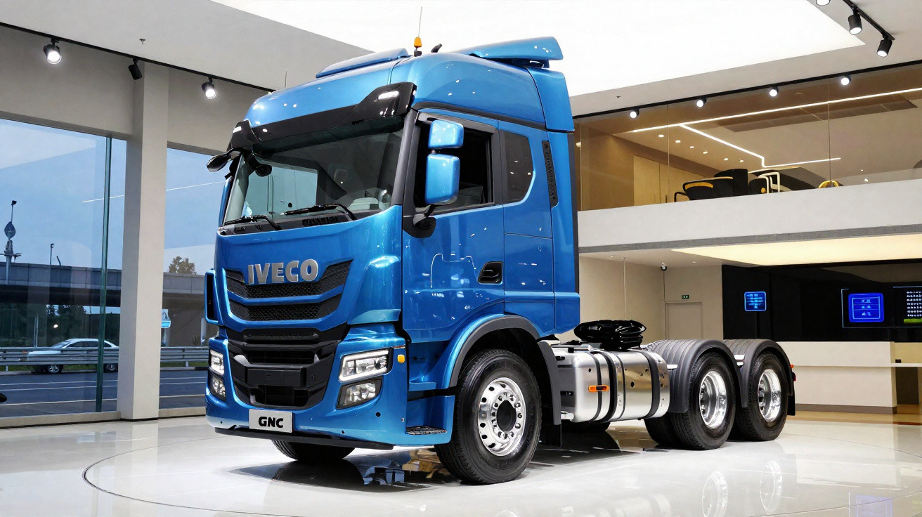 Camion bleu Iveco GNC exposé dans un showroom moderne avec un sol brillant et un espace vitré.