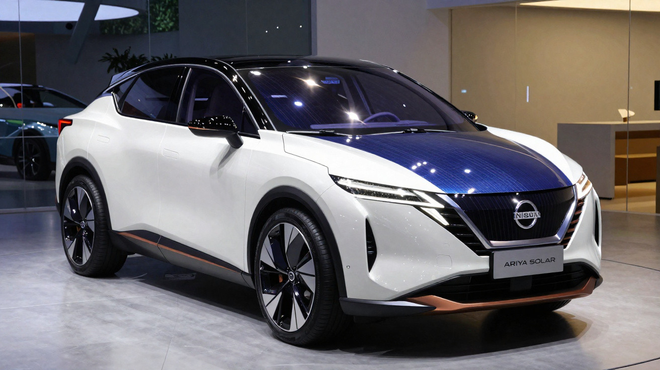 Voiture électrique Nissan Ariya Solar blanche avec toit solaire bleu exposée en intérieur moderne.