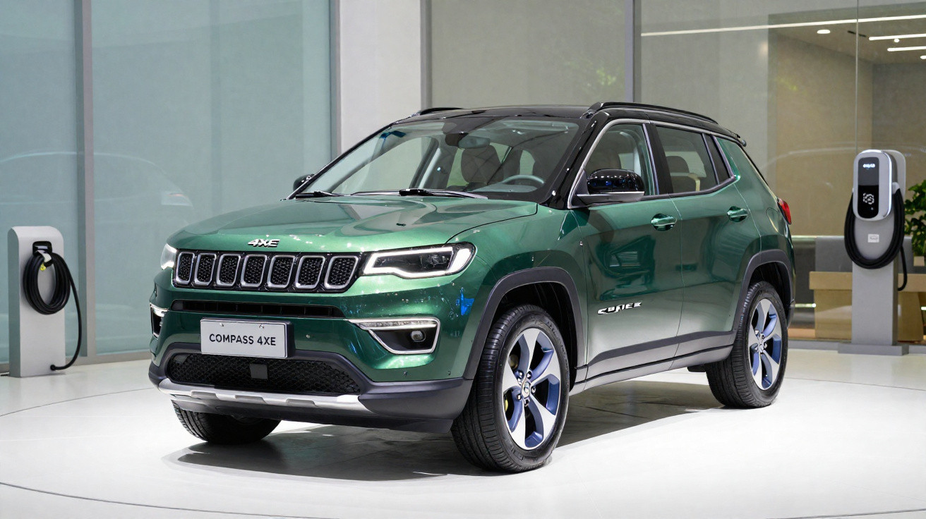 SUV électrique Jeep Compass 4XE vert exposé en intérieur près de stations de recharge.