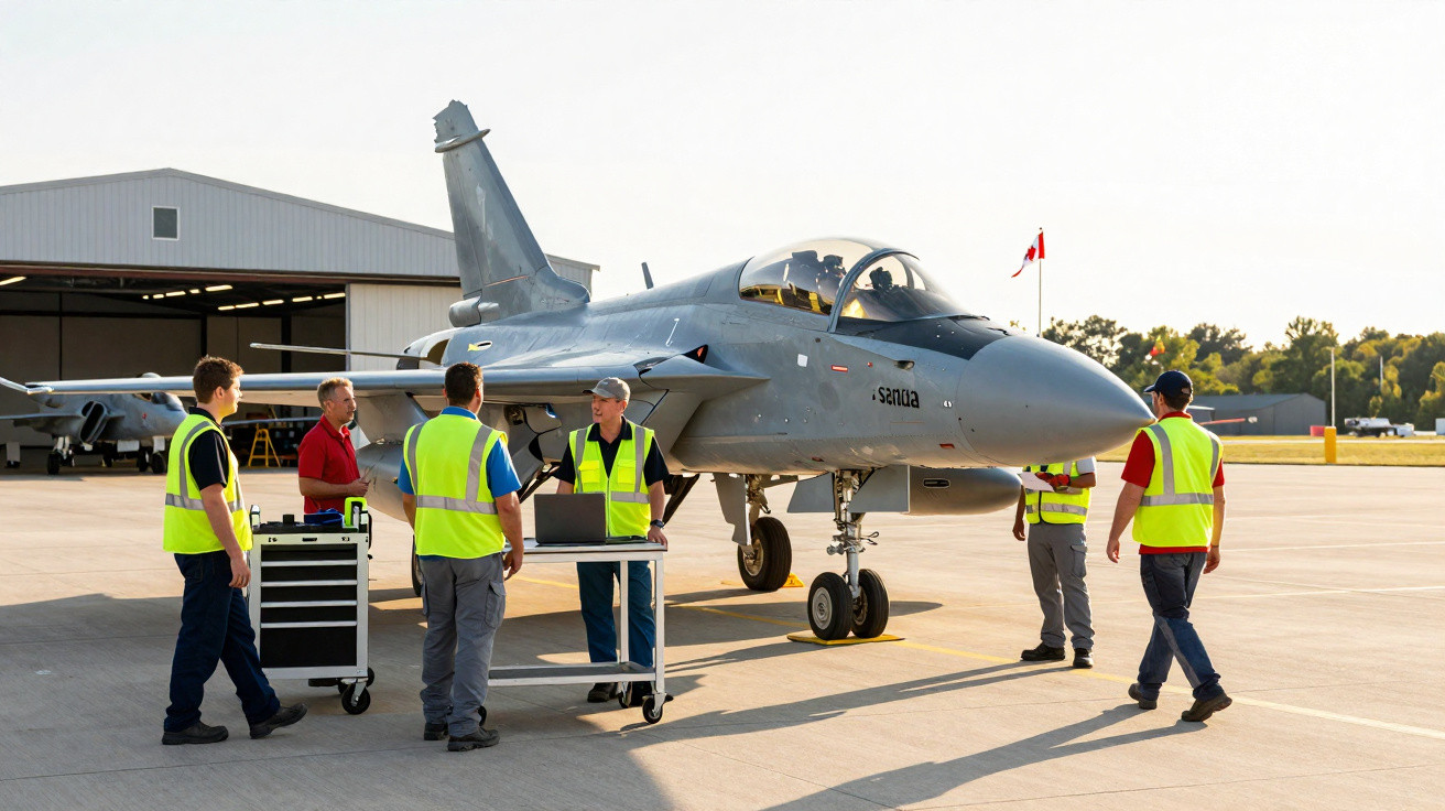 Cinq techniciens en gilets jaunes autour d’un avion militaire gris sur un tarmac ensoleillé.