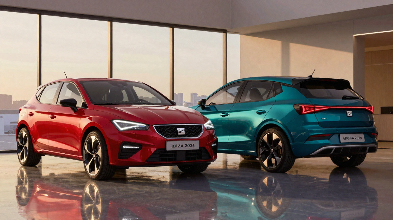 Deux voitures Seat Ibiza 2026 rouge et Seat Arona 2024 bleue dans un showroom lumineux avec grandes fenêtres.