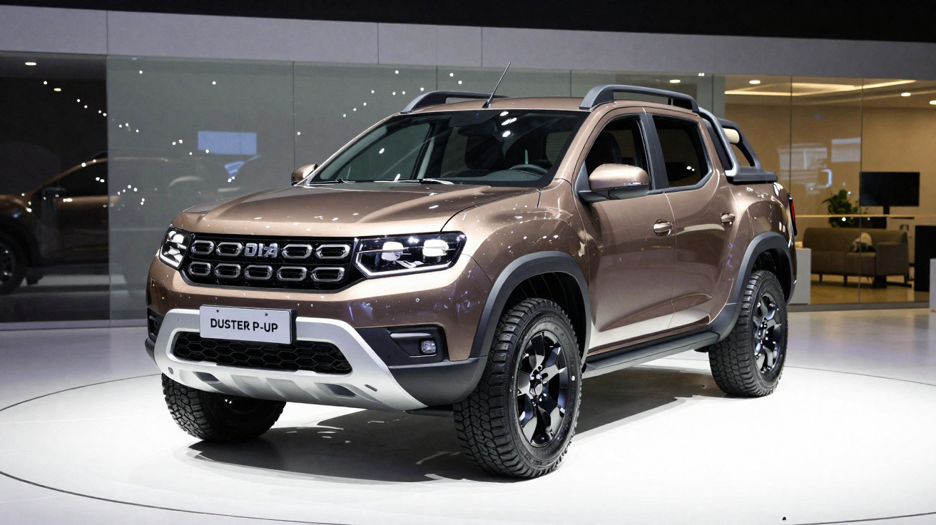 Pick-up Dacia Duster P-Up marron métallisé exposé en showroom avec phares allumés sur plateforme ronde.