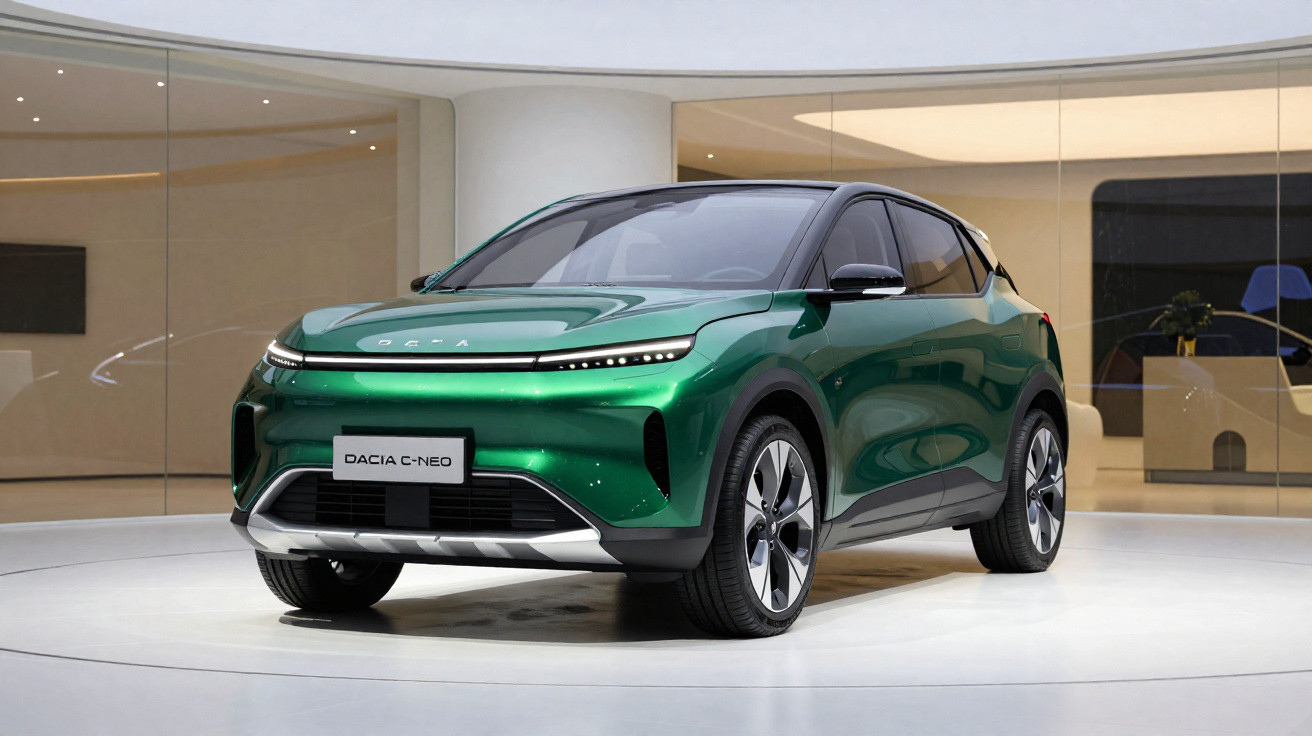 Voiture électrique verte Dacia C-Neo exposée dans un showroom moderne lumineux.
