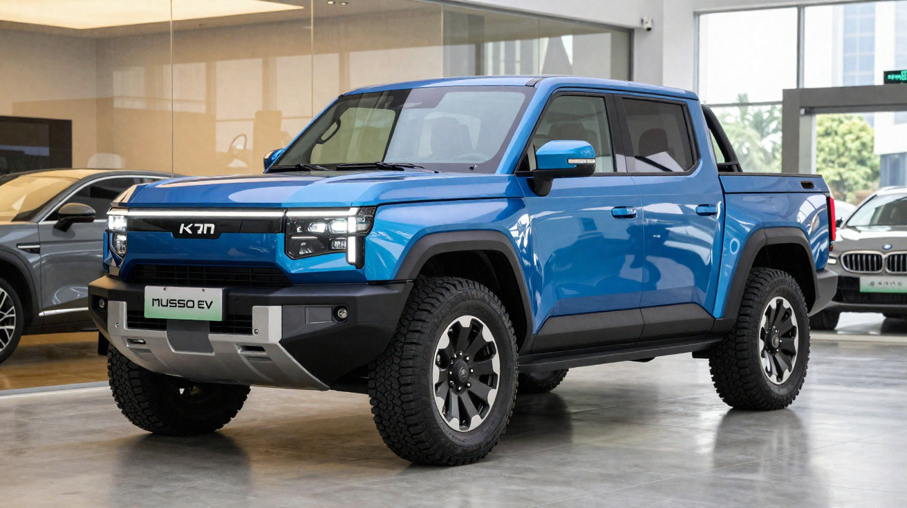 Pick-up électrique bleu K7N Musso EV exposé dans un showroom moderne avec d'autres véhicules visibles.