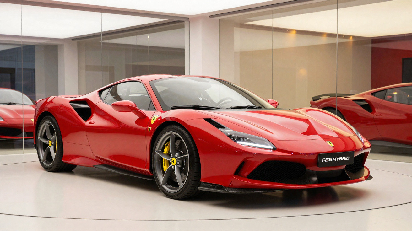 Voiture de sport Ferrari F8 Hybrid rouge brillante exposée dans une salle moderne avec murs en verre.