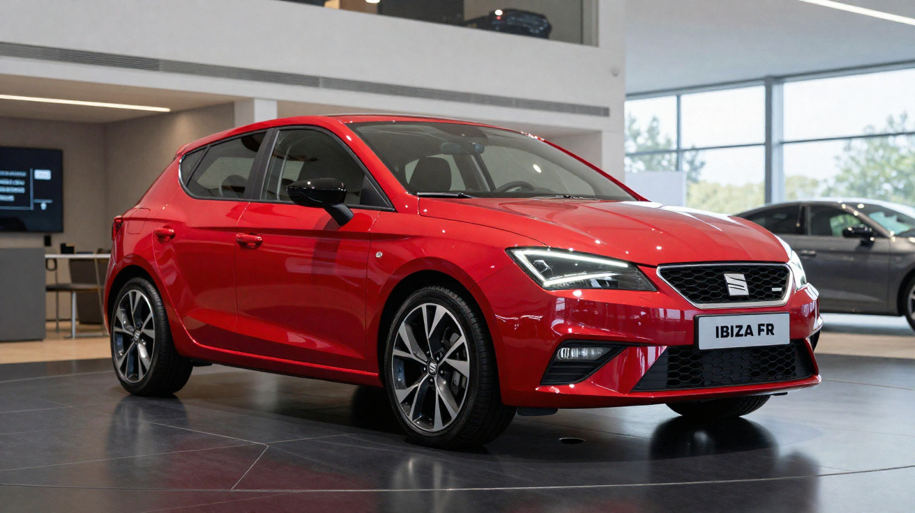 Voiture rouge Seat Ibiza FR exposée dans un showroom moderne avec grandes fenêtres vitrées.