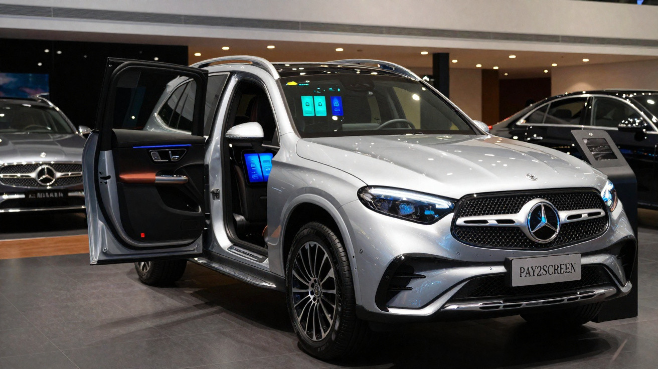 SUV Mercedes-Benz argent avec portes ouvertes et écrans numériques visibles, exposé en salle d'exposition moderne.