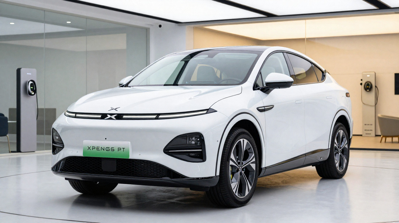Voiture électrique blanche XPeng P7 stationnée dans un showroom moderne avec bornes de recharge.