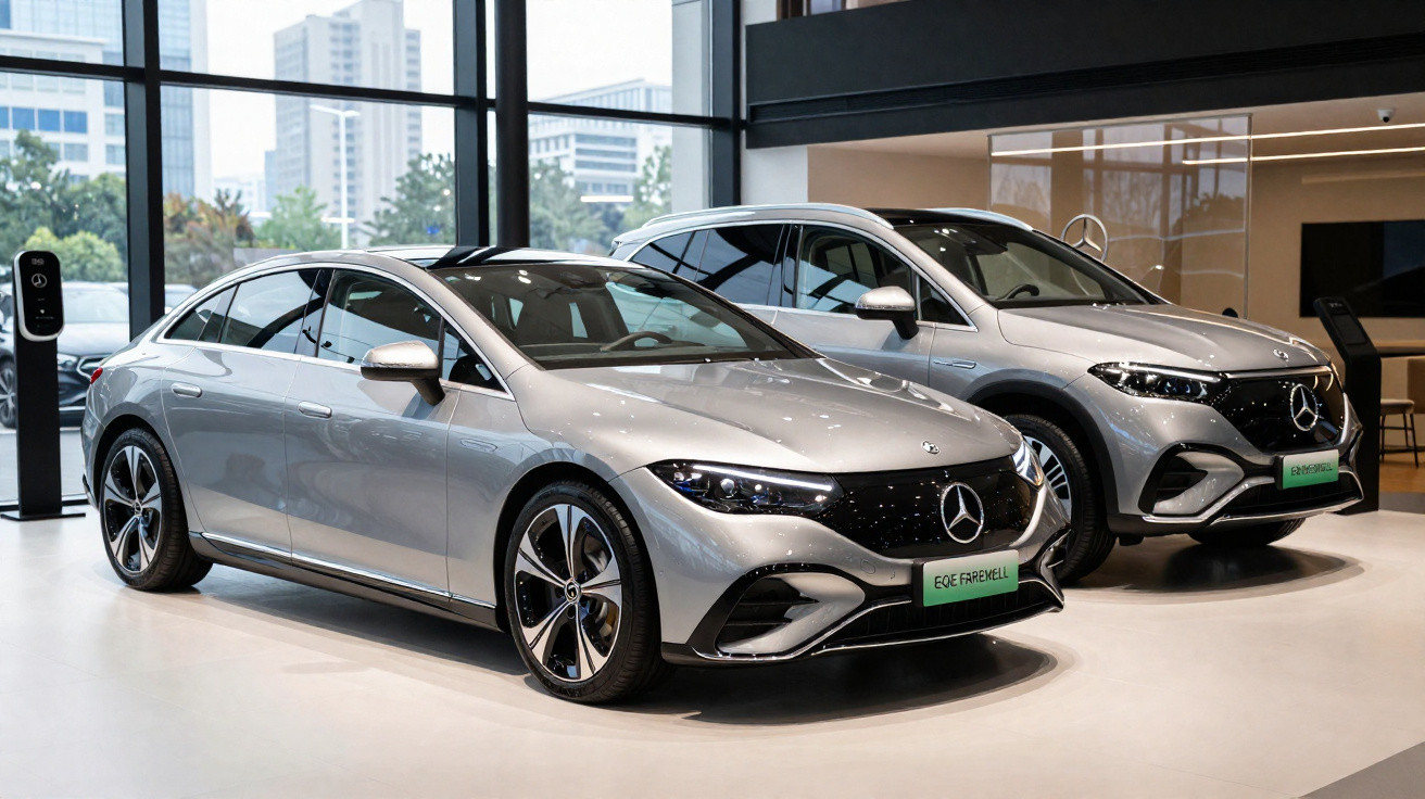 Deux voitures électriques Mercedes-Benz grises exposées dans une salle avec grandes fenêtres et vue urbaine.