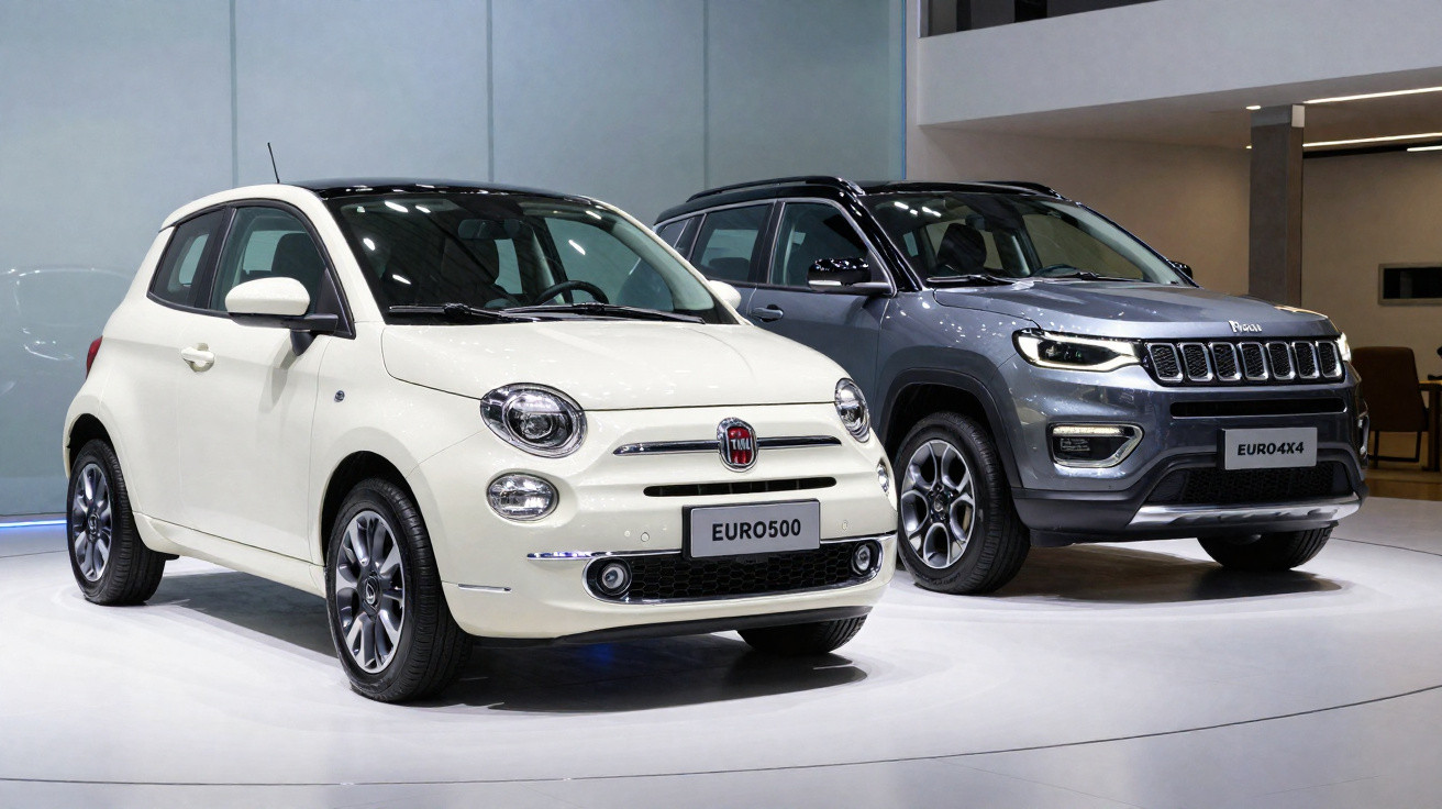 Deux voitures Fiat exposées en salle, une citadine blanche Euro500 et un SUV gris Euro4x4.