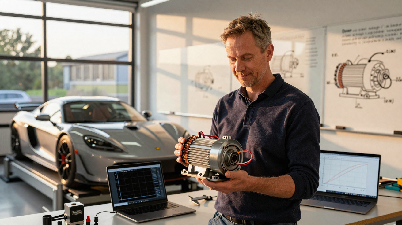Homme en atelier avec moteur électrique, ordinateurs et voiture de sport en arrière-plan.