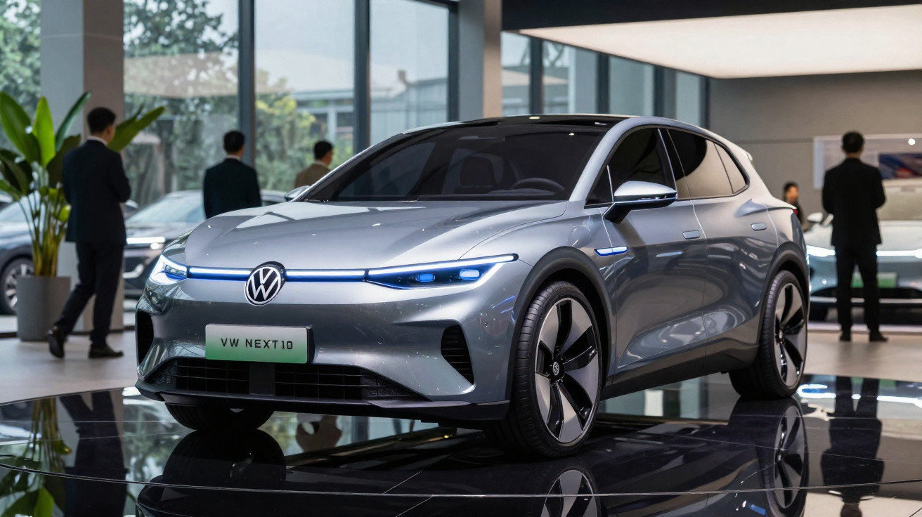 Vue avant d'une voiture électrique Volkswagen Next10 argentée exposée en salle d'exposition moderne.