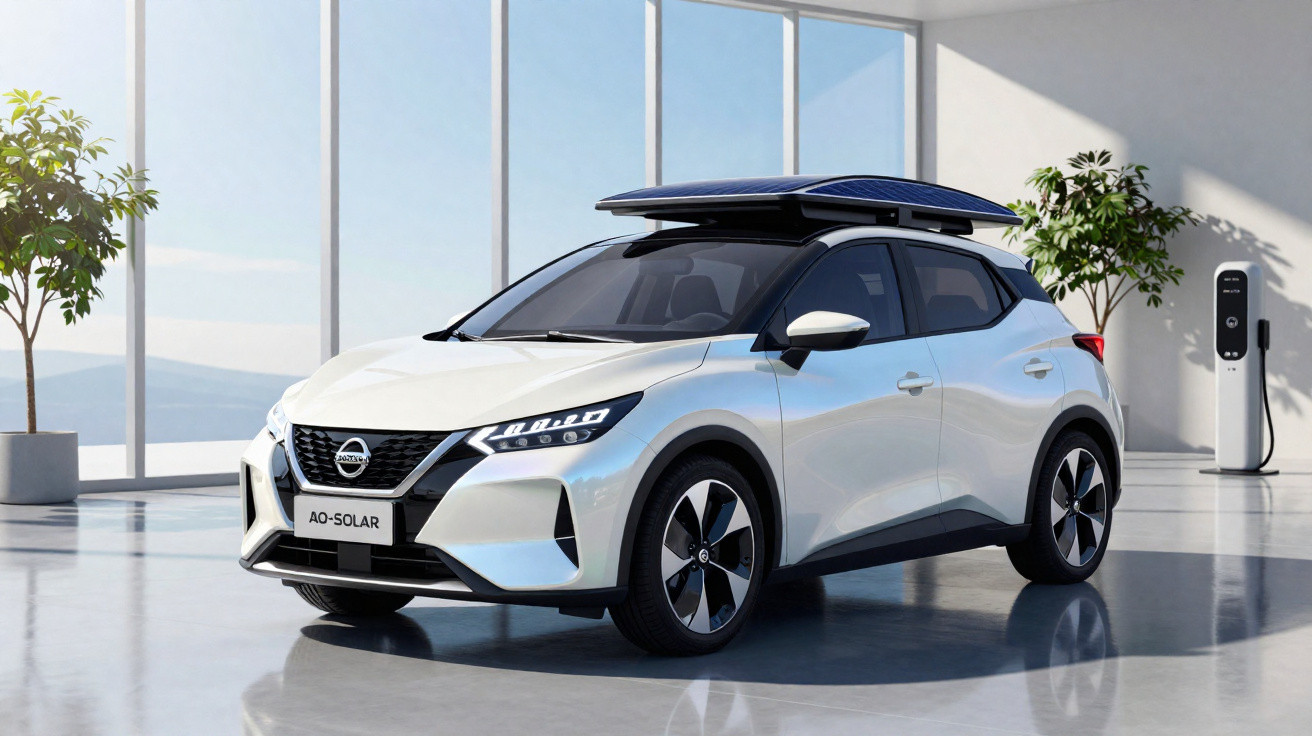 Voiture électrique blanche Nissan avec panneaux solaires sur le toit, station de recharge, intérieur lumineux moderne.
