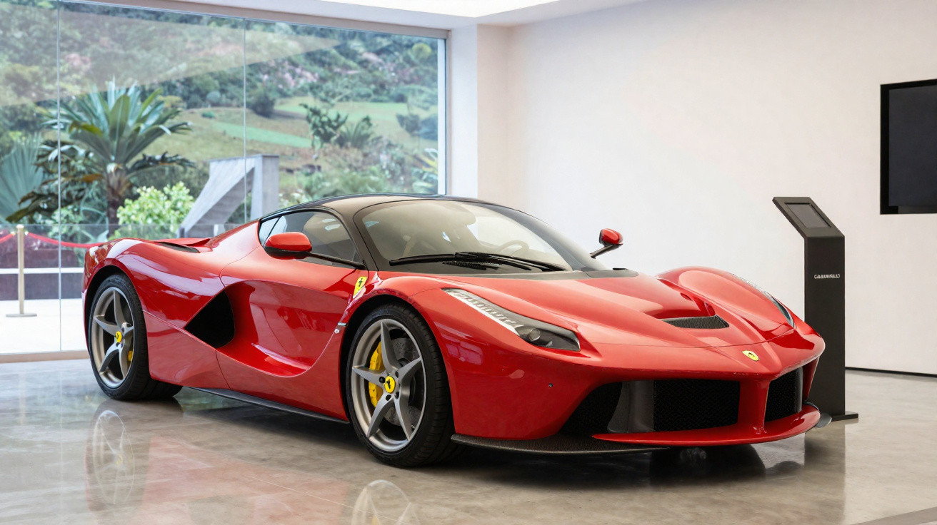 Voiture de sport Ferrari rouge exposée dans un showroom lumineux avec grandes fenêtres et sol en marbre.