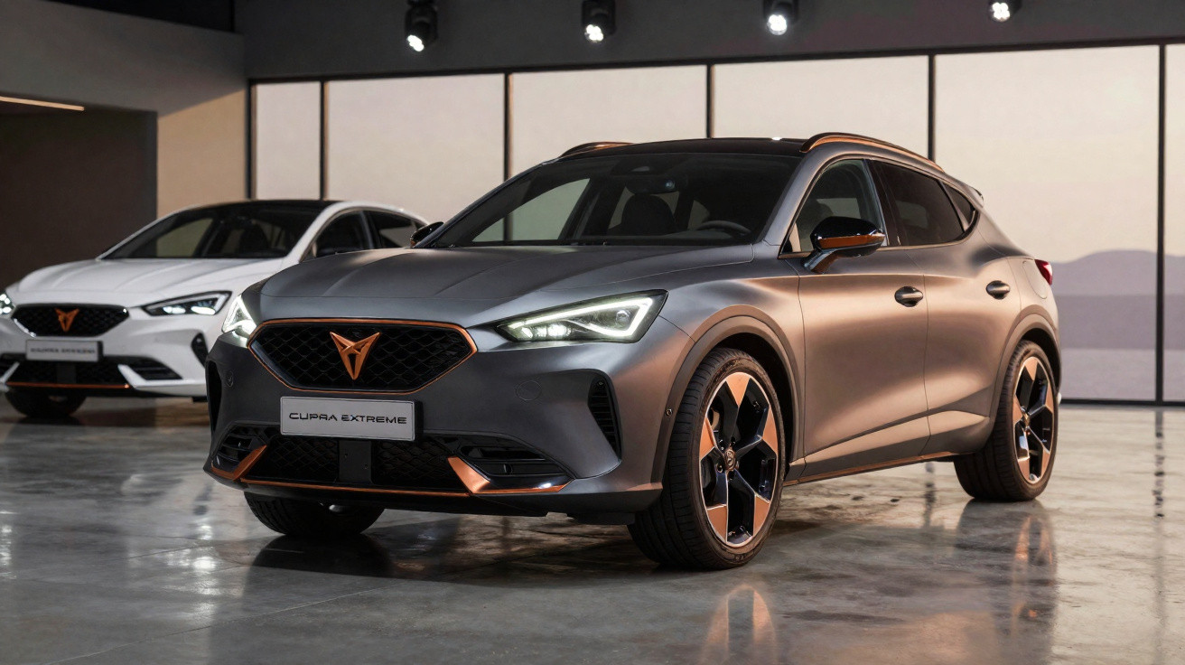 Deux SUV Cupra Extreme élégants, un gris en avant-plan et un blanc en arrière-plan, dans un showroom moderne bien éclairé.