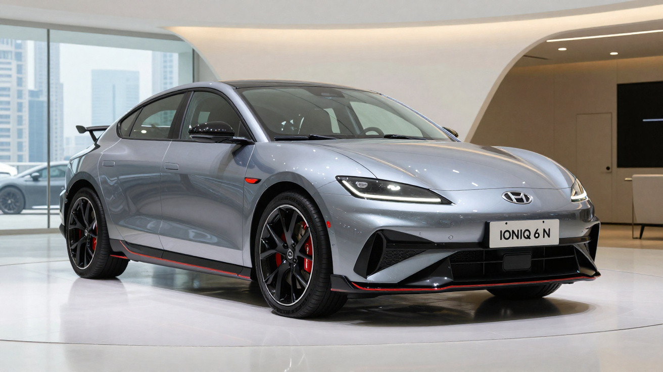 Voiture sportive compacte grise Hyundai Ioniq 6 N exposée en showroom moderne avec grandes fenêtres.