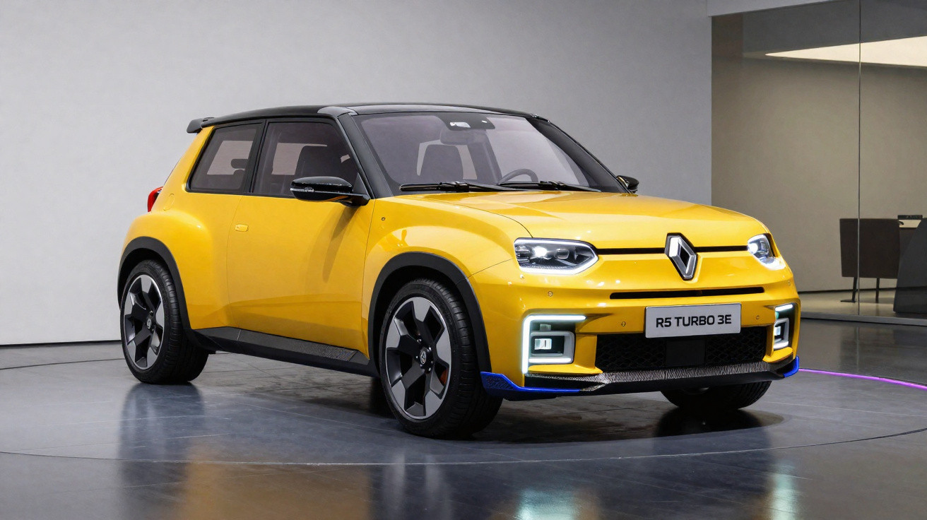 Voiture électrique compacte Renault R5 Turbo 3E jaune exposée en intérieur sur un sol brillant.