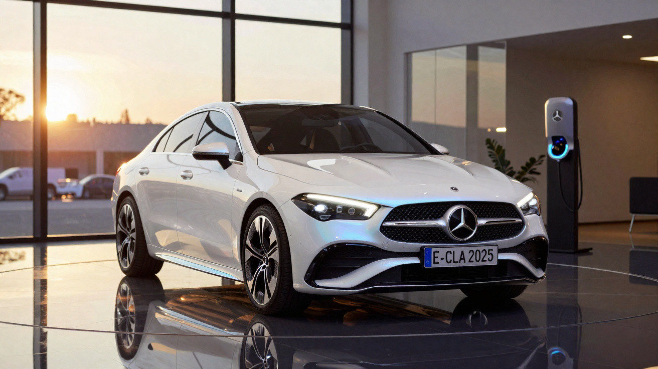 Voiture électrique Mercedes blanche stationnée dans un showroom moderne avec borne de recharge.