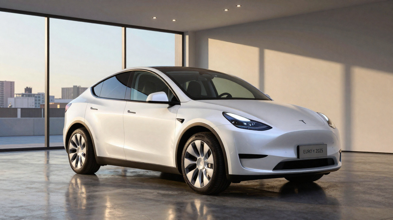 Voiture électrique blanche Tesla Model Y 2025 exposée dans un grand espace moderne avec fenêtres panoramiques.