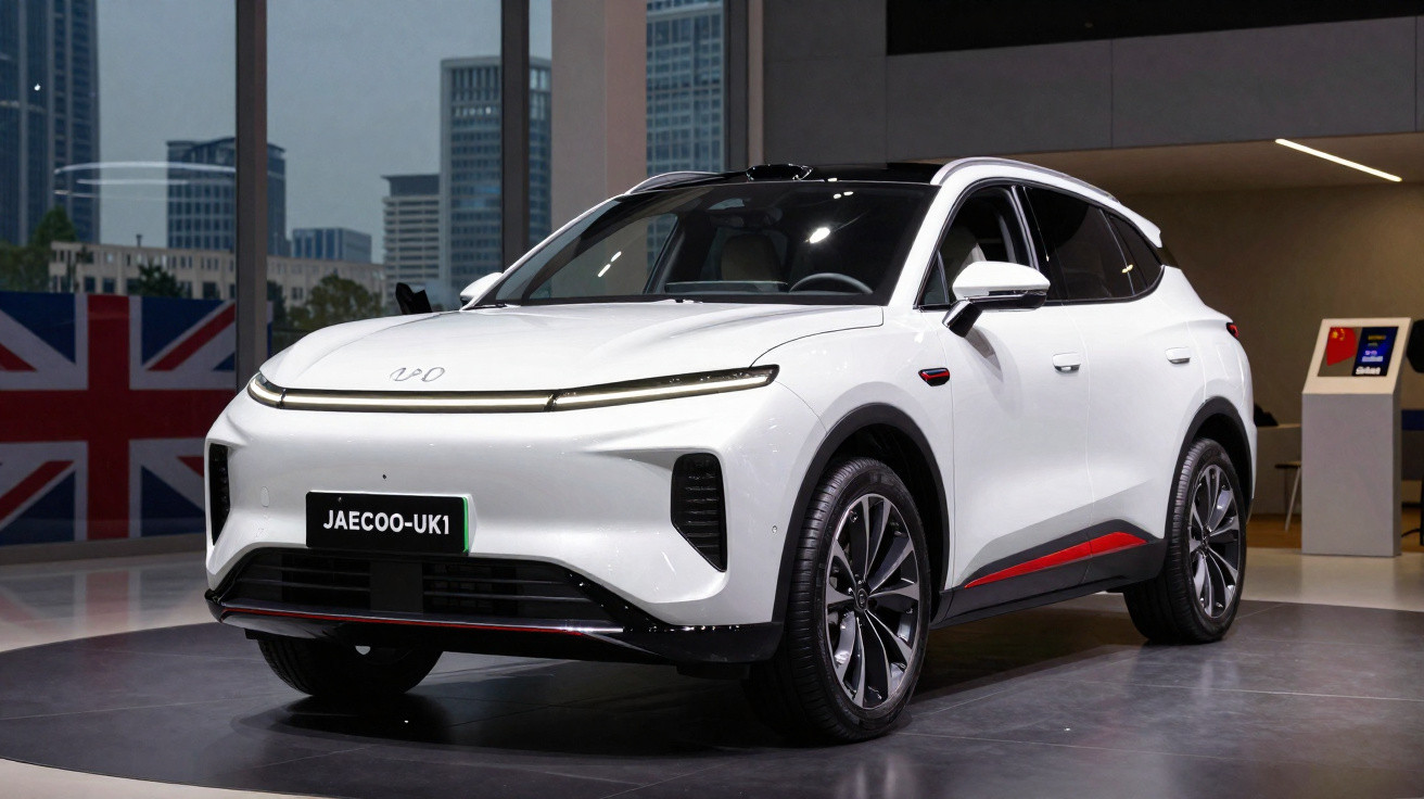 SUV électrique blanc JAECOO-UK1 exposé dans un showroom avec vitres donnant sur des gratte-ciel urbains.