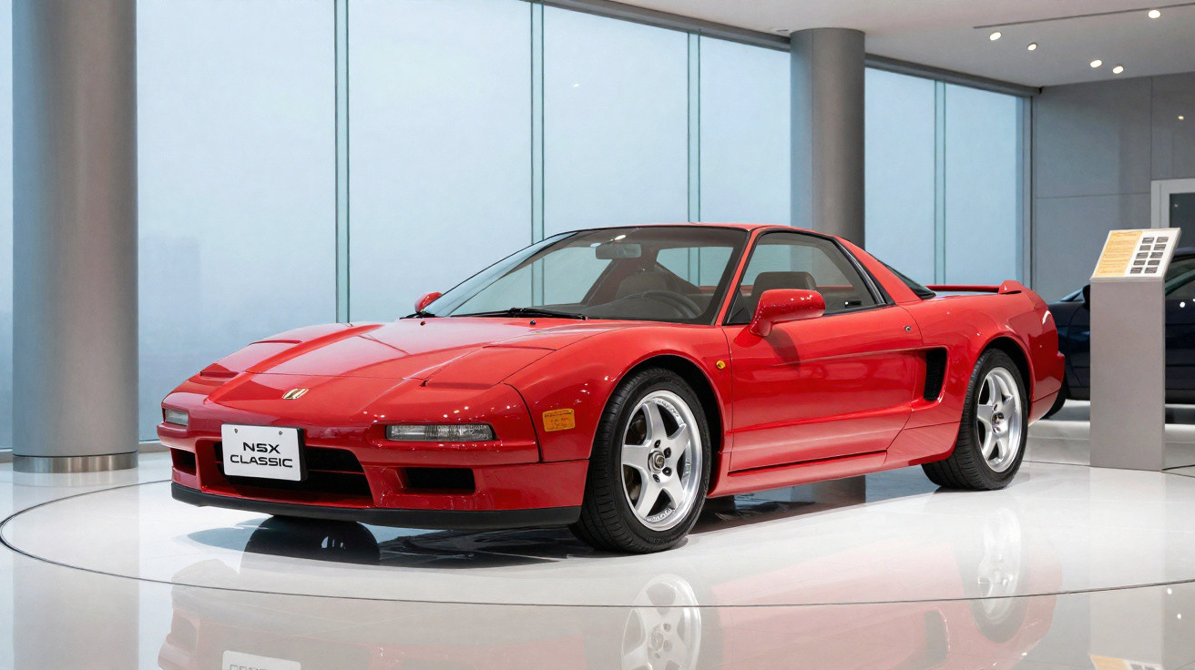 Voiture de sport rouge Honda NSX Classic exposée dans un showroom moderne avec sol blanc brillant.