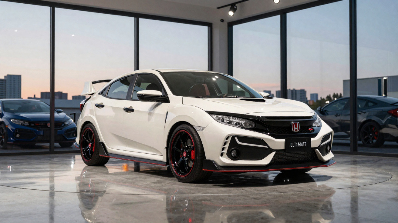 Voiture sportive Honda Civic Type R blanche exposée dans un showroom moderne avec sol réfléchissant.