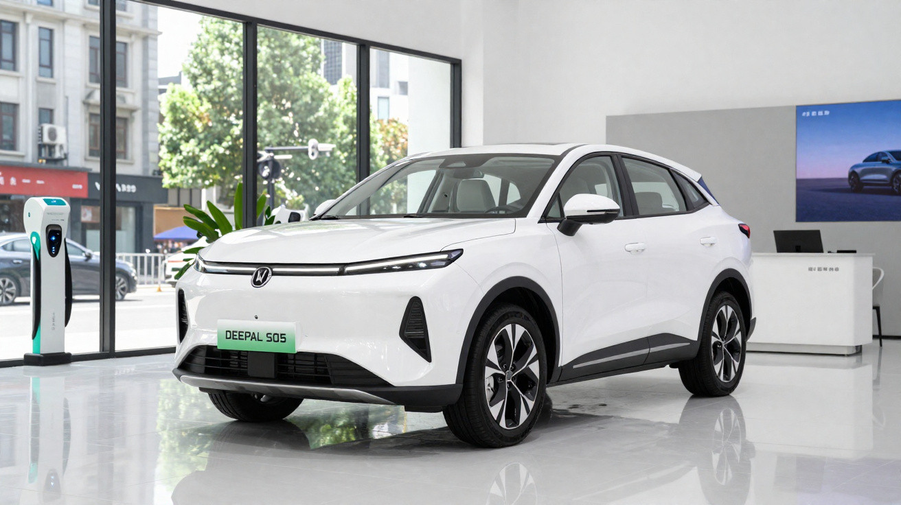 Voiture électrique blanche DEEPAL S05 exposée dans un showroom moderne avec une borne de recharge visible.