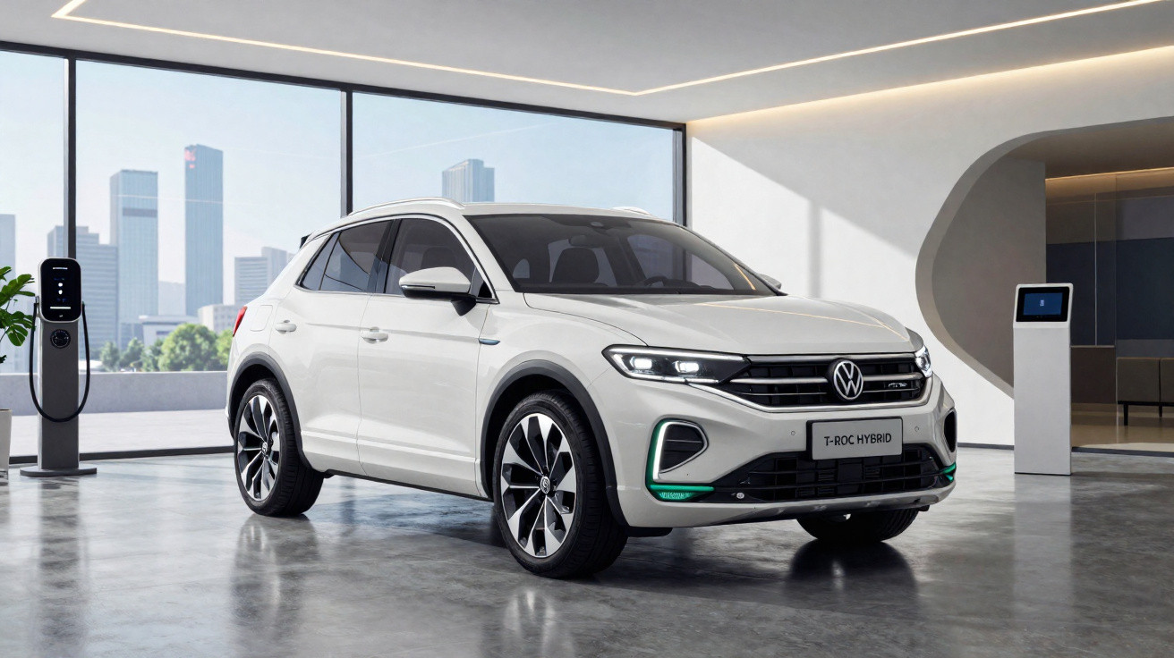 Volkswagen T-Roc Hybrid blanc exposée dans un showroom moderne avec borne de recharge électrique à côté.