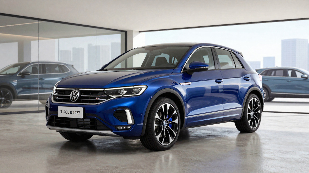 SUV Volkswagen T-Roc R bleu 2027 garé dans un showroom moderne avec sol en béton et grandes fenêtres.