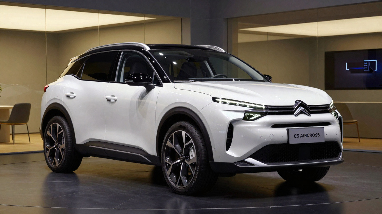 SUV Citroën C5 Aircross blanc avec toit noir exposé dans un showroom moderne et épuré.
