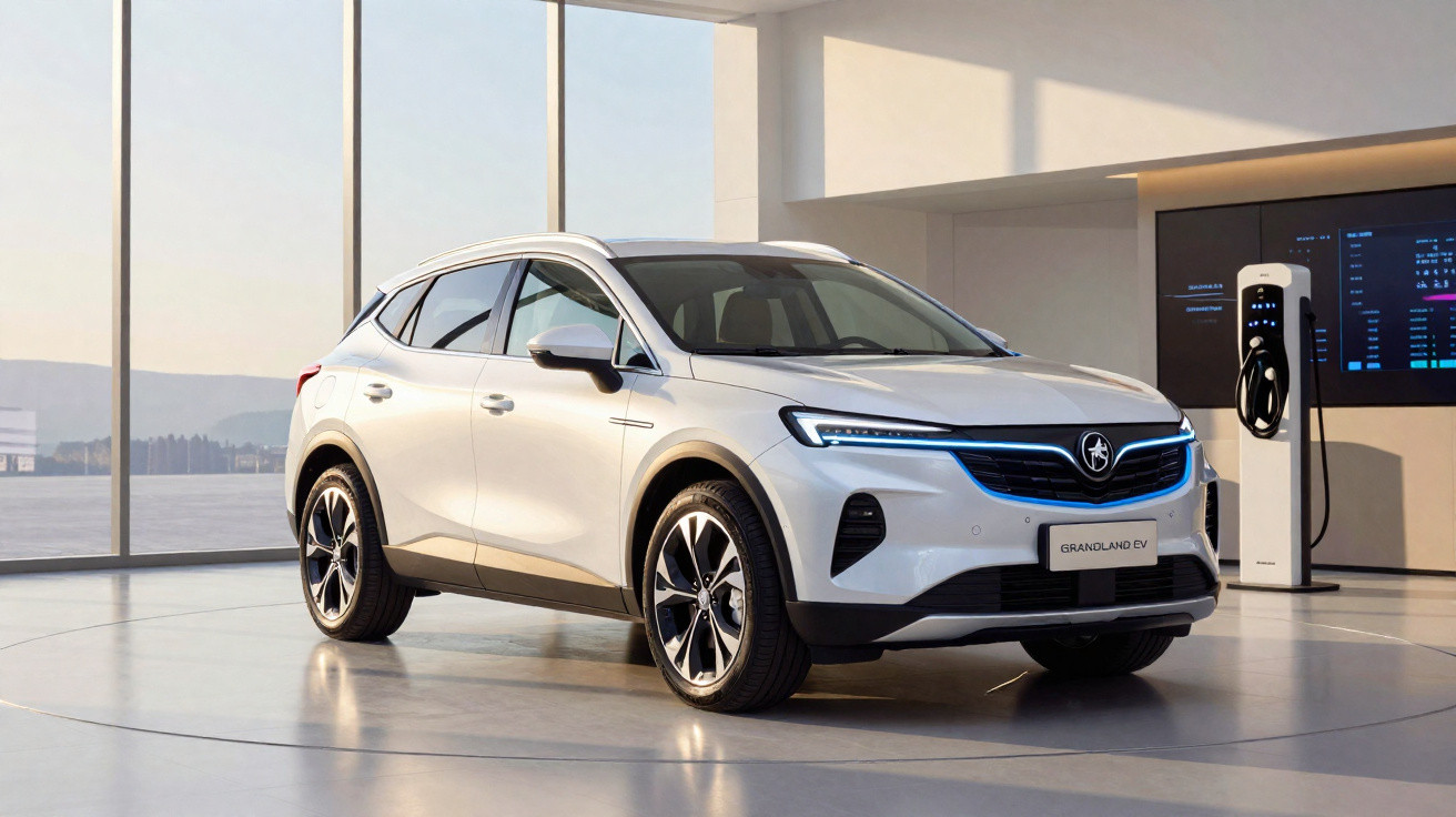 SUV électrique blanc exposé dans un showroom moderne avec borne de recharge en arrière-plan.