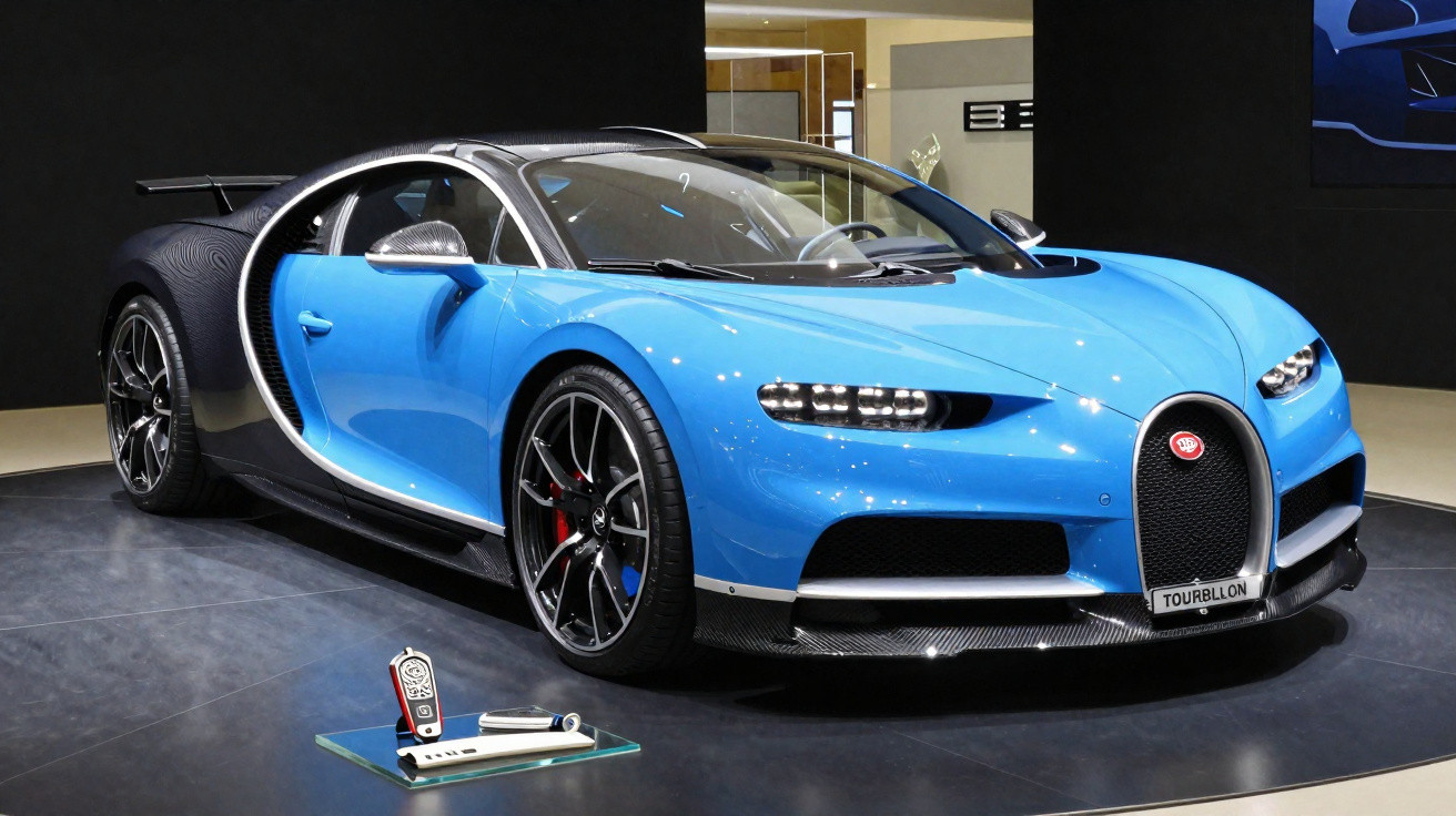 Voiture de sport Bugatti bleue et noire exposée en salle avec télécommande et plaques d’information au sol.