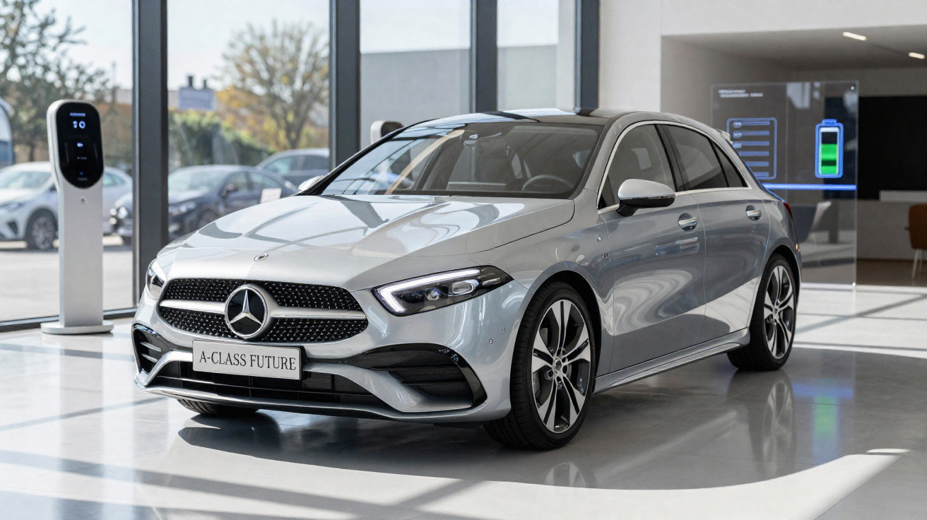 Voiture Mercedes A-Class Future gris métallisé exposée dans un showroom moderne lumineux.