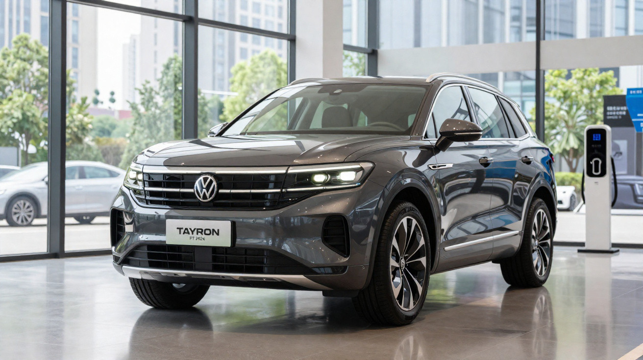 SUV Volkswagen Tayron gris foncé exposé en showroom moderne et éclairé, avec bornes de recharge électrique en arrière-plan.